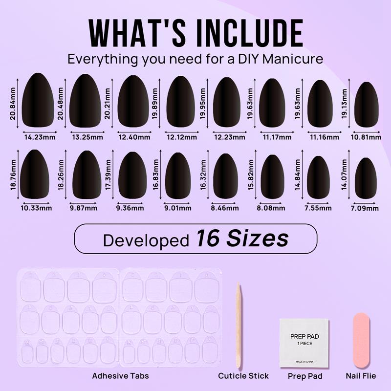 Diagram of nail polish applicators with sizes and accessories on a purple background