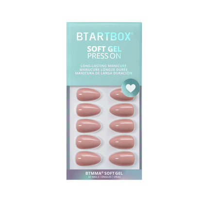 Packaging of BTSTARTBOX soft gel press-on nails with a light blue background