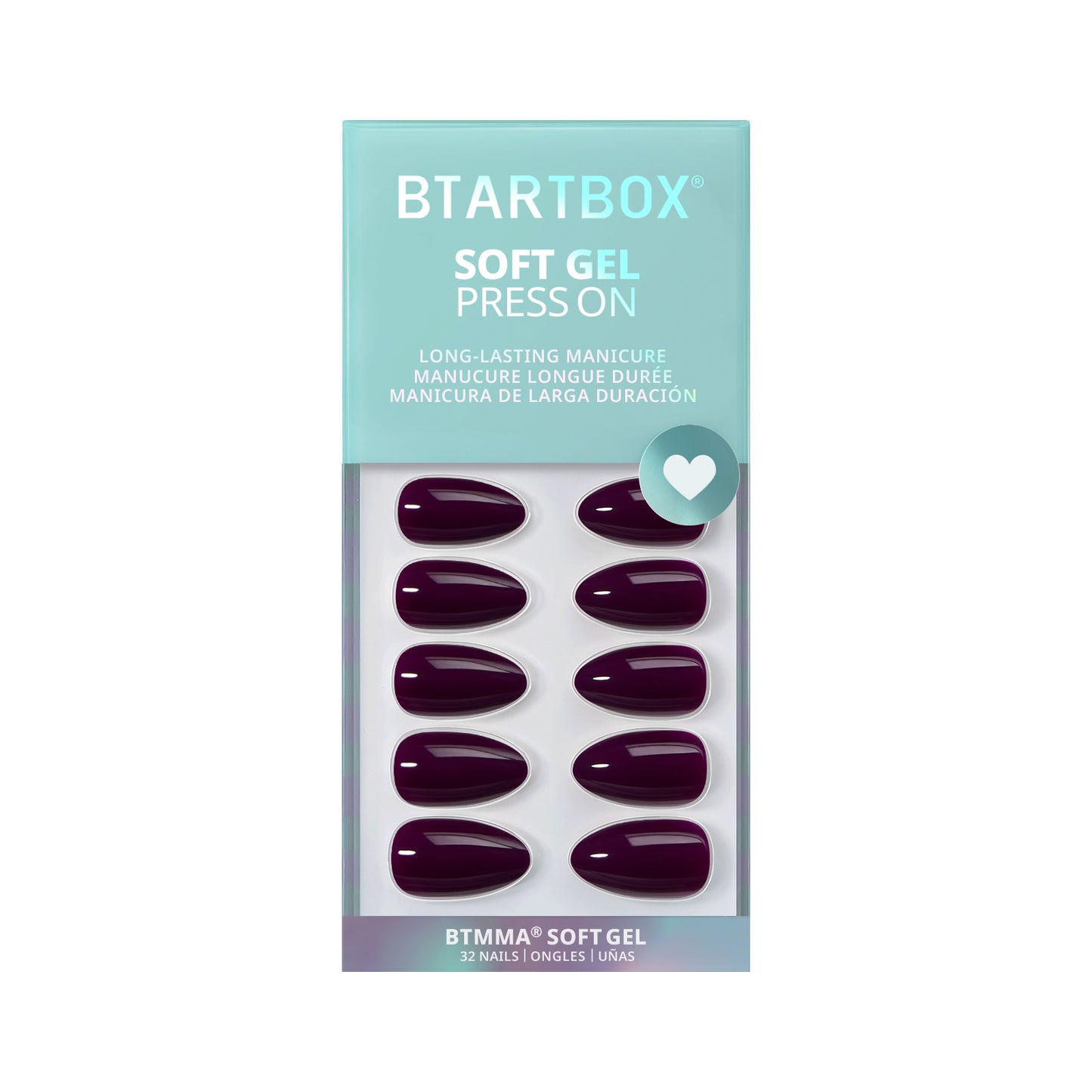 Pack of BTSTARTBOX soft gel press-ons with purple nails on a white background
