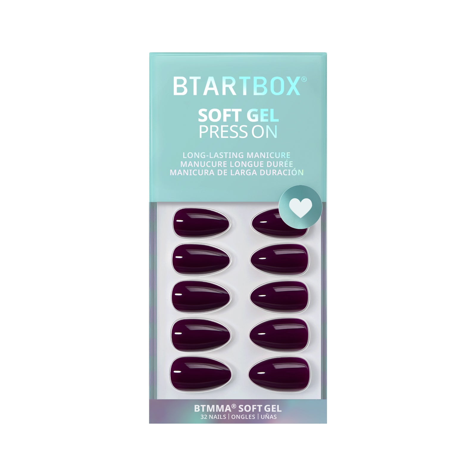 Pack of BTSTARTBOX soft gel press-ons with purple nails on a white background