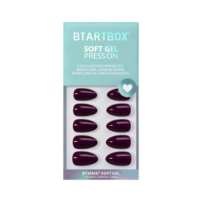 Pack of BTSTARTBOX soft gel press-ons with purple nails on a white background
