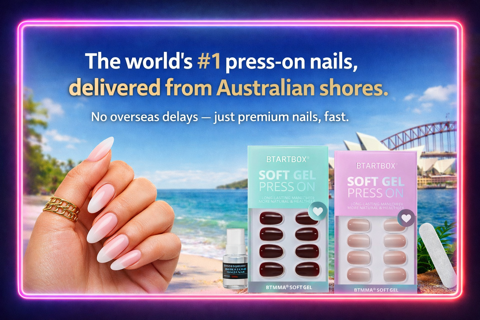 Promotional graphic for BTSTARTBOX Soft Gel Press On nails, showing a hand with long manicured nails beside two product boxes (one teal, one pink) and beach-themed background text advertising Australian shores.